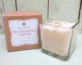 Pictured Rocks Campfire Soy Candle - 12 oz. Glass Cube - Green Daffodil - Camping Life - Michigan State Park