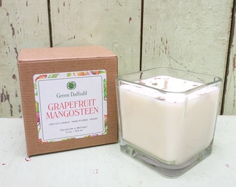 Grapefruit Mangosteen Soy Candle - 12 oz. Glass Cube - Green Daffodil - Fruity Favorite