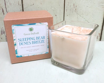 Sleeping Bear Dunes Breeze Soy Candle - 12 oz. Glass Cube - Green Daffodil - Hand poured - Michigan State Park