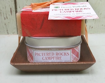 Pictured Rocks Campfire Candle & Soap Dish Kit-  Green Daffodil - Michigan Gift Set - Outdoor Lovers - Candle + Soap