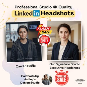 以下が含まれることがあります： プロのプロフィール写真のプロモーション画像。この画像には、女性の2つのポートレートが写っています。1つは自撮り、もう1つはスタジオのエグゼクティブヘッドショットです。「Professional Studio 4K Quality」と「Linked in Headshots」というテキストが含まれています。