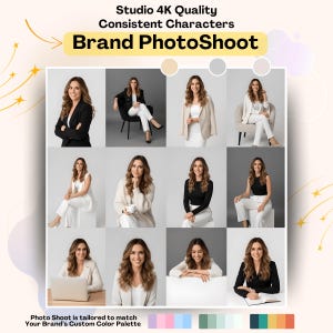 Könnte beinhalten: Ein Werbebild mit dem Text "Studio 4K Quality Consistent Characters Brand PhotoShoot". Das Bild zeigt eine Reihe von professionellen Porträts einer Frau in verschiedenen Outfits, darunter Blazer und Business-Outfits. Der Text "Photo Shoot is tailored to match Your Brand's Custom Color Palette" ist ebenfalls vorhanden.