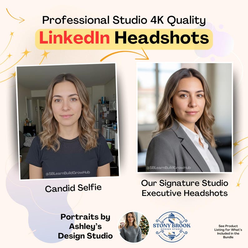 以下が含まれることがあります： LinkedInのプロフェッショナルなプロフィール写真を紹介する画像。自撮り写真とスタジオのエグゼクティブヘッドショットが含まれています。「Professional Studio 4K Quality LinkedIn Headshots」と「Portraits by Ashley's Design Studio」のテキストが含まれています。