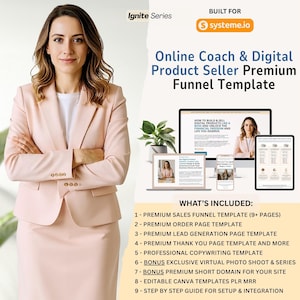 Puede incluir: Una mujer con un traje rosa claro está de pie junto a una computadora portátil, una tableta y un teléfono que muestran una plantilla de embudo de ventas de productos digitales. La imagen incluye el texto "Online Coach & Digital Product Seller Premium Funnel Template".