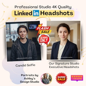 Può includere: Immagine promozionale per servizi di headshot professionali. L'immagine presenta due ritratti di una donna, un selfie spontaneo e un headshot esecutivo da studio. Il testo include "Professional Studio 4K Quality" e "Linked in Headshots."