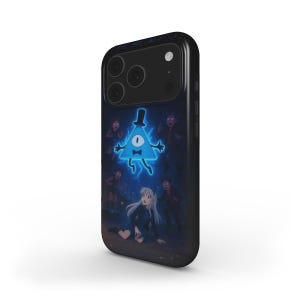Könnte beinhalten: Schwarze Handyhülle mit einer lebendigen Illustration eines blauen Dreiecks mit Zylinder und Fliege, umgeben von anderen Charakteren. Das Design ist vor einem dunkelblauen Hintergrund gehalten.