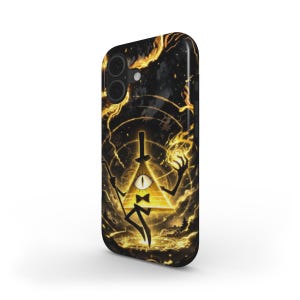 Op de afbeelding: Een zwarte smartphonehoes met een afbeelding van een geel, eenogig driehoekig personage met een hoge hoed en vlinderdas. Het personage is omringd door wervelende gouden energie, bliksem en cirkelvormige geometrische patronen op een donkere achtergrond.
