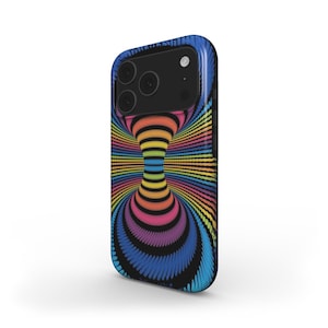 May include: A smartphone case featuring a vibrant, multi-colored optical illusion pattern. The design consists of concentric rings in shades of blue, yellow, orange, pink, and purple that create a tunnel-like effect, centered on a black camera module.