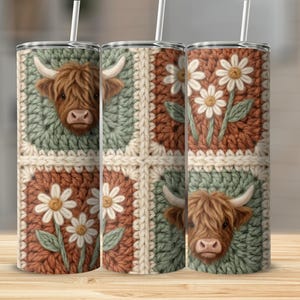 Faux Crochet Highland Cow Tumbler Wrap PNG Cow & Flower Granny Square Tumbler 20oz Skinny Tumbler Sublimation Design Digital Download