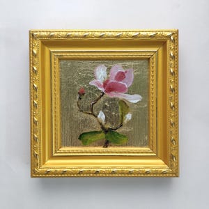 Magnolien-Ölgemälde auf Blattgold: Gerahmte Miniatur Blumenkunst