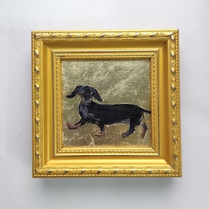 Mini Dachshund Oil Painting on Gold Leaf: Framed Dog Art