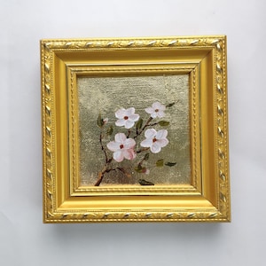 Cherry Blossom Oil Painting on Gold Leaf: Framed Miniature Floral Art
