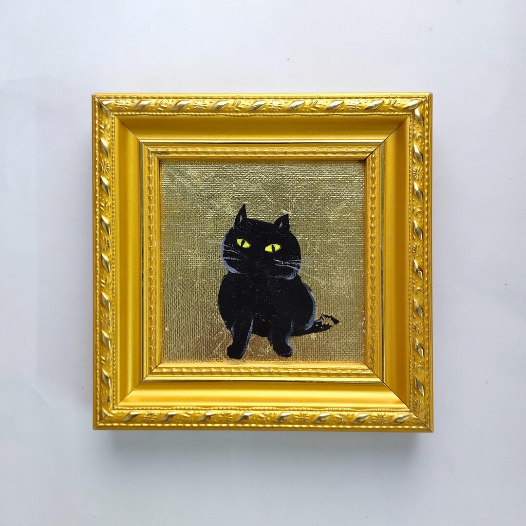 Black Cat Mini Oil Painting on Gold Leaf 4×4 Inch Oil Painting on ...