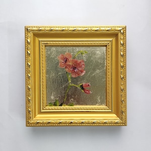 Miniature Red Flower Oil Painting on Gold Leaf: Desk Decor