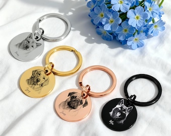 Llavero personalizado con retrato de mascota, placa conmemorativa grabada de acero inoxidable para perro y gato.