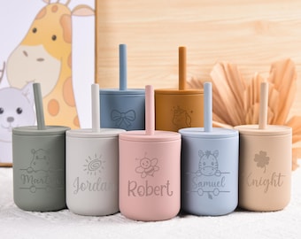 Copo infantil de silicone personalizado, copo anti-vazamento com canudo.