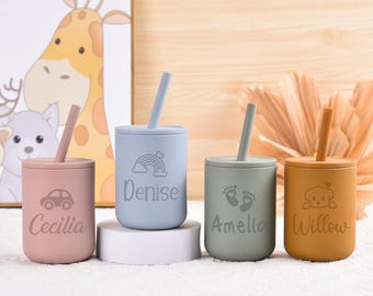 Personalized Silicone Toddler Cup, 7oz No Spill Baby Tumbler with Straw