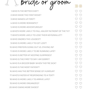 May include: A printable bridal shower game with the title "Guess Who Bride or Groom?"  The game features 20 questions about the bride and groom, with a space to mark "Bride" or "Groom" for each question.  The game also includes spaces for the player's name and score.