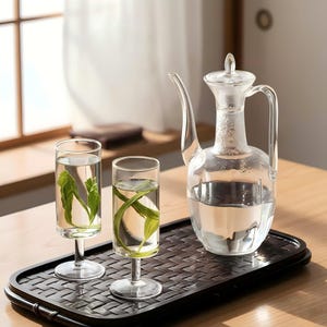 Könnte beinhalten: Ein klares Teegeschirr aus Glas mit einer Kanne und zwei Stielgläsern, alle gefüllt mit Wasser und grünen Teeblättern. Das Set steht auf einem schwarzen, gewebten Tablett auf einem Holztisch. Die Kanne hat einen Griff und einen Deckel.