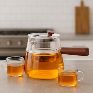 Peut inclure: Une théière en verre transparente avec une poignée et un couvercle en bois, remplie de liquide ambré, probablement du thé. Deux petites tasses en verre avec du thé sont devant la théière. La théière a un infuseur intégré.