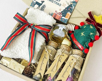 Christmas Tea & Cozy Gift Box: Socks, Honey, Herbal Tea, Ornament