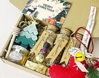 Christmas Tea & Candle Gift Box: Holiday Ornament, Honey, Herbal Tea