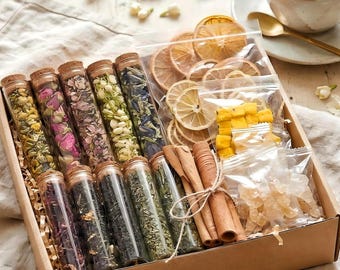 Set regalo per la miscelazione di tisane floreali / Kit fai da te per tisane alle erbe per lei / Regalo per il relax e la cura di sé / Elegante scatola per il tè / Regalo di compleanno