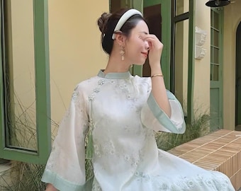 Modern Floral Ao Dai with Sheer Silk and Four Panels