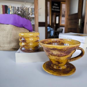 Handmade Ceramic Coffee Dripper and Mug Set – V60 Style Pour Over Brewer – Yellow Brown Glazed Pottery for Specialty Coffee Lovers