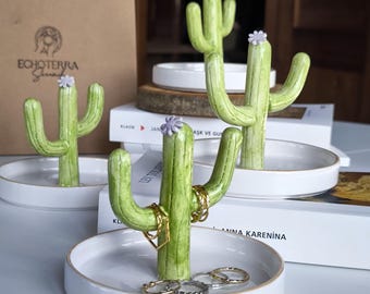 Handmade Ceramic Cactus Ring Holder: Jewelry Organizer Stand