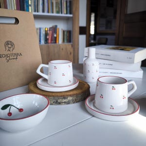 Handmade Cherry Ceramic Set: Coffee Cup, Bowl & Mini Vase