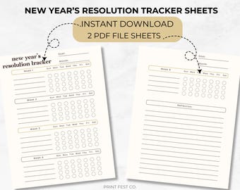 Hojas imprimibles de propósitos de Año Nuevo 2025 Plantilla de seguimiento de objetivos minimalista con tarjeta retro