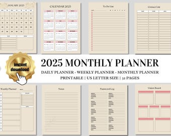 Planificador mensual, diario y semanal imprimible, con fecha de 2025, tamaño 8,5 x 11, lista de tareas pendientes, tablero de visión, toma de notas, descarga instantánea: archivo PDF de 32 páginas