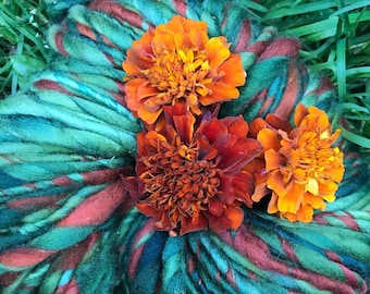 Fall Marigolds- Huge Skein- Hand Dyed, Hand Spun Art Yarn from Super Soft Merino, Silk, Bamboo & Sparkle - Tapestry Weaving, Knitting, etc