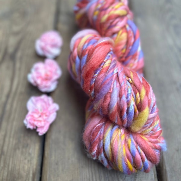 Sunset - Large Skein- Hand Dyed. Hand Spun. Art Yarn. Super Fine Merino swirled with Silk, Bamboo & Sparkle.