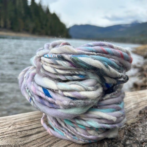 Slocan River - Hand Dyed, Hand Spun Art Yarn from Super Soft Merino, Silk and Sparkle for knitting, weaving, fiber arts, crochet, etc
