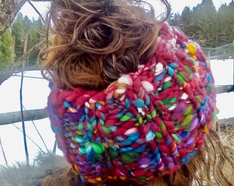 Burgundy Rainbows - Mountain Headband- Hand Knit with Hand Dyed, Hand Spun Yarn from Super Soft Merino, Bamboo, Silk and Sparkle