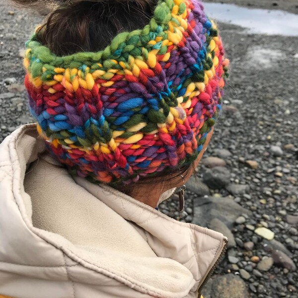 Coastal Rainbows - Warm Wooly Headband - Hand Dyed. Hand Spun. Hand Knit. Superfine Merino with Silk and Sparkle