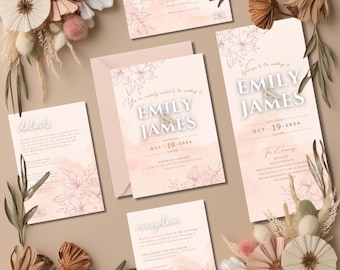 Blush Pink Floral Wedding Invitation Suite | Elegant Canva Template