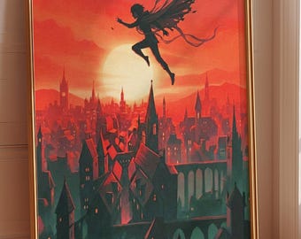Luthadel-poster, Mistborn City, wanddecoratie boekenliefhebber, Luthadel-horizon, silhouet Vin Venture, bibliotheekkamerkunst
