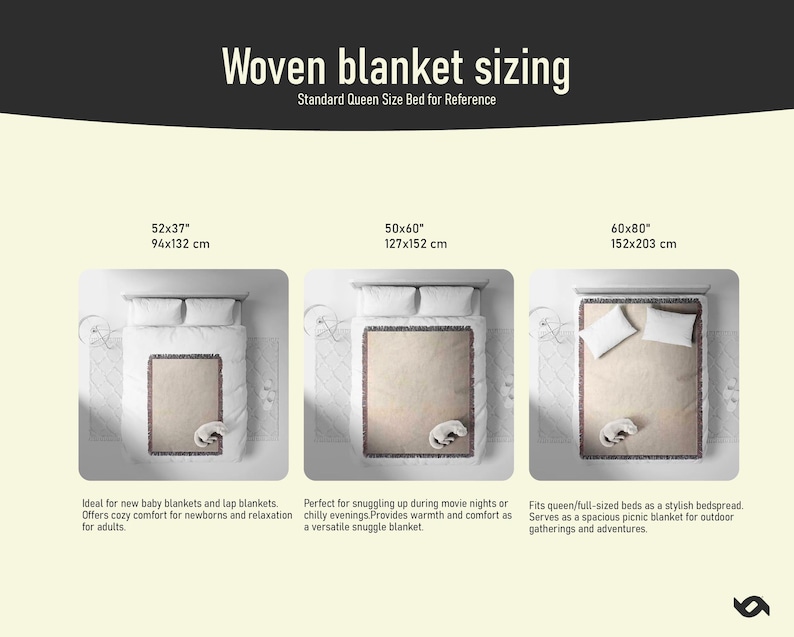 May include: Image showing woven blanket sizing for a queen-size bed. The image displays three different blanket sizes: 52x37 inches, 50x60 inches, and 60x80 inches. Each blanket is shown on a bed with pillows and a cat.