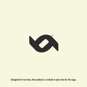 May include: A dark gray logo on a cream background. The logo is an abstract design with two curved shapes and a central rectangle. The text below the logo reads: "Designed for true fans, this product is a tribute to your love for the saga."