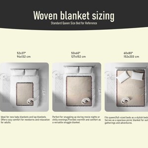 Op de afbeelding: Afbeelding met afmetingen van geweven dekens voor een queensize bed. De afbeelding toont drie verschillende dekengroottes: 94x132 cm, 127x152 cm en 152x203 cm. Elke deken wordt getoond op een bed met kussens en een kat.