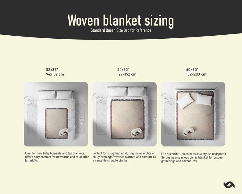 Op de afbeelding: Afbeelding met afmetingen van geweven dekens voor een queensize bed. De afbeelding toont drie verschillende dekengroottes: 94x132 cm, 127x152 cm en 152x203 cm. Elke deken wordt getoond op een bed met kussens en een kat.