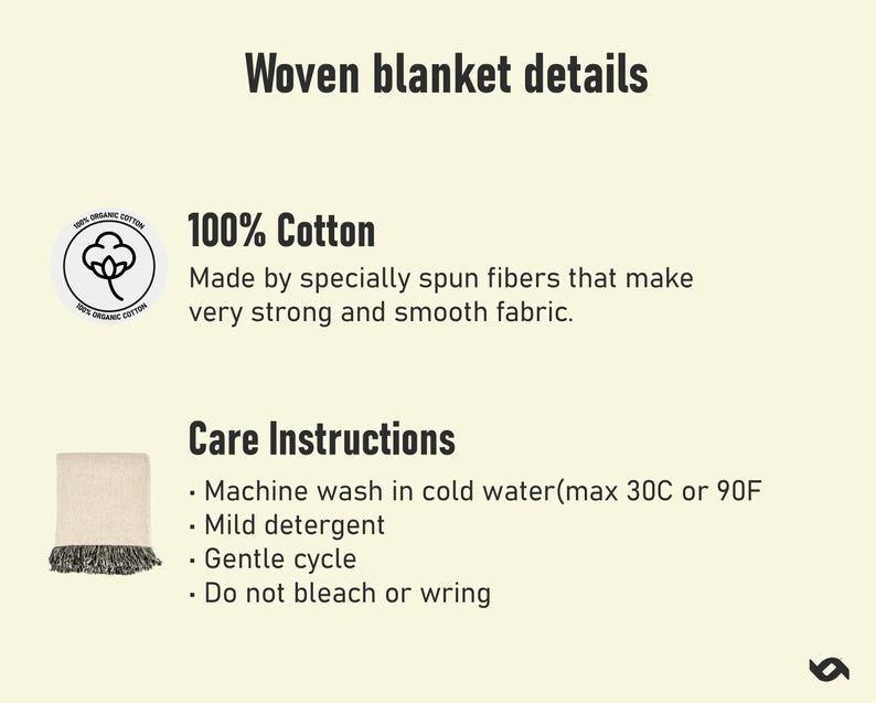 May include: Image detailing a woven blanket. Text reads "Woven blanket details", "100% Cotton", and care instructions: machine wash cold, mild detergent, gentle cycle, do not bleach or wring. The blanket has a cream-colored body with black fringe.