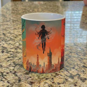 May include: A cylindrical coffee mug featuring a fantasy illustration. The design showcases a silhouetted figure with knives, floating above a cityscape with towers and an orange sky. The mug has a white interior.