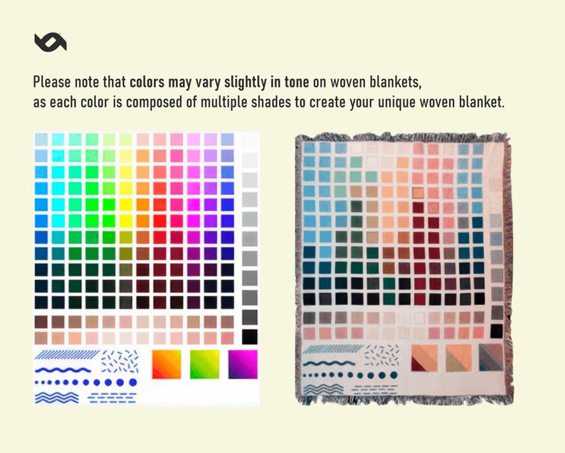 May include: A woven blanket with a color palette design. The blanket features a grid of various colors, including blues, greens, pinks, and browns. The text states that colors may vary slightly in tone on woven blankets.