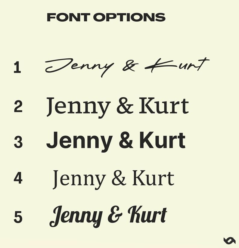 Op de afbeelding: Afbeelding met vijf lettertype-opties voor de namen "Jenny & Kurt". De tekst "FONT OPTIONS" staat bovenaan. Elke optie presenteert de namen in een andere letterstijl, vari&euml;rend van elegant script tot vetgedrukte sans-serif.