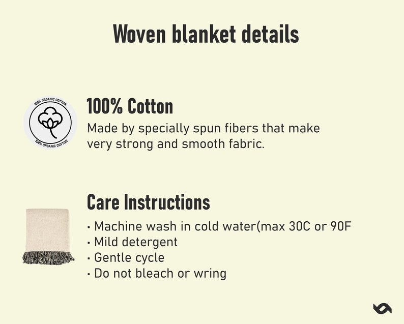 Op de afbeelding: Afbeelding met details van een geweven deken. Tekst luidt "Woven blanket details", "100% Cotton" en wasvoorschriften: machinewas koud (max. 30C), mild wasmiddel, fijne was, niet bleken of wringen. De deken heeft een cr&egrave;mekleurige body met zwarte franjes.