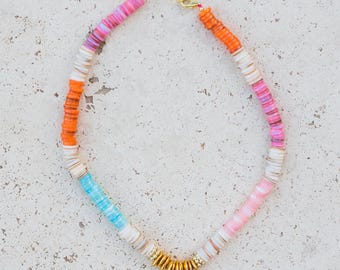 Heishi Shell Bead Necklace: 14k Gold Accents, Beachy Boho Choker